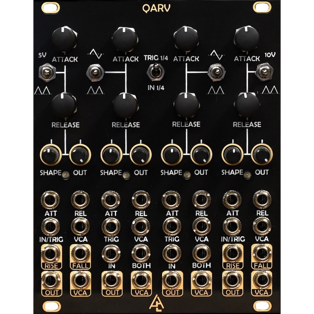 Black modular synthesizer panel with knobs, toggle switch, and multiple 3.5mm audio jacks labeled with attack, release, shape, and output.