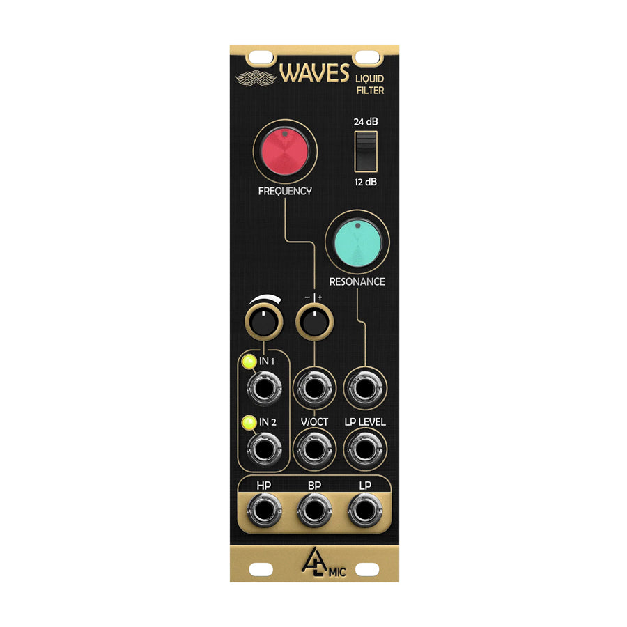 Black and gold Eurorack module with two color-coded knobs, toggle switch, and multiple audio jacks labeled for filter control.