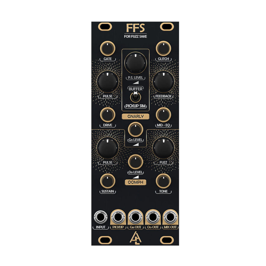 Black Eurorack module with multiple knobs, jacks, and toggle switch labeled FFS For Fuzz Sake