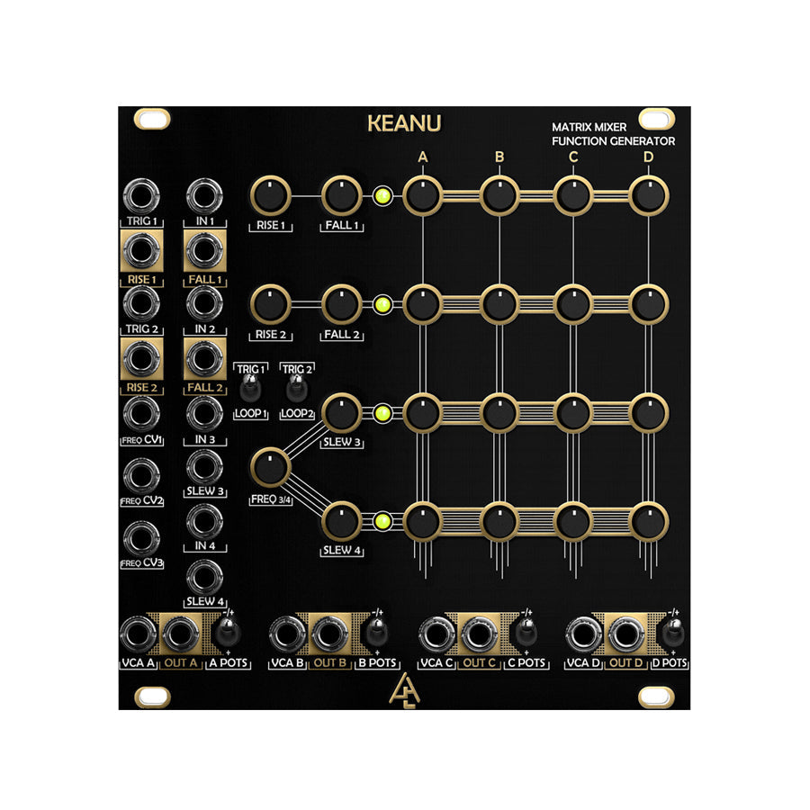 Black modular synthesizer module labeled KEANU with knobs, switches, LEDs, and multiple 3.5mm jacks on a grid layout.