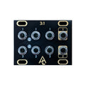Black audio mixer panel with six rotary knobs and eight 3.5mm jacks labeled 1 and 2, plus AL logo.