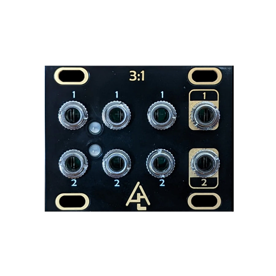 Black audio mixer panel with six rotary knobs and eight 3.5mm jacks labeled 1 and 2, plus AL logo.