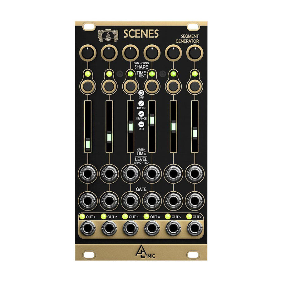 Black and gold Eurorack module with six sliders, knobs, and multiple jack sockets labeled as outputs