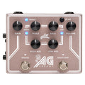 Metallic pink and white guitar preamp pedal with black knobs and two foot switches with blue LEDs.