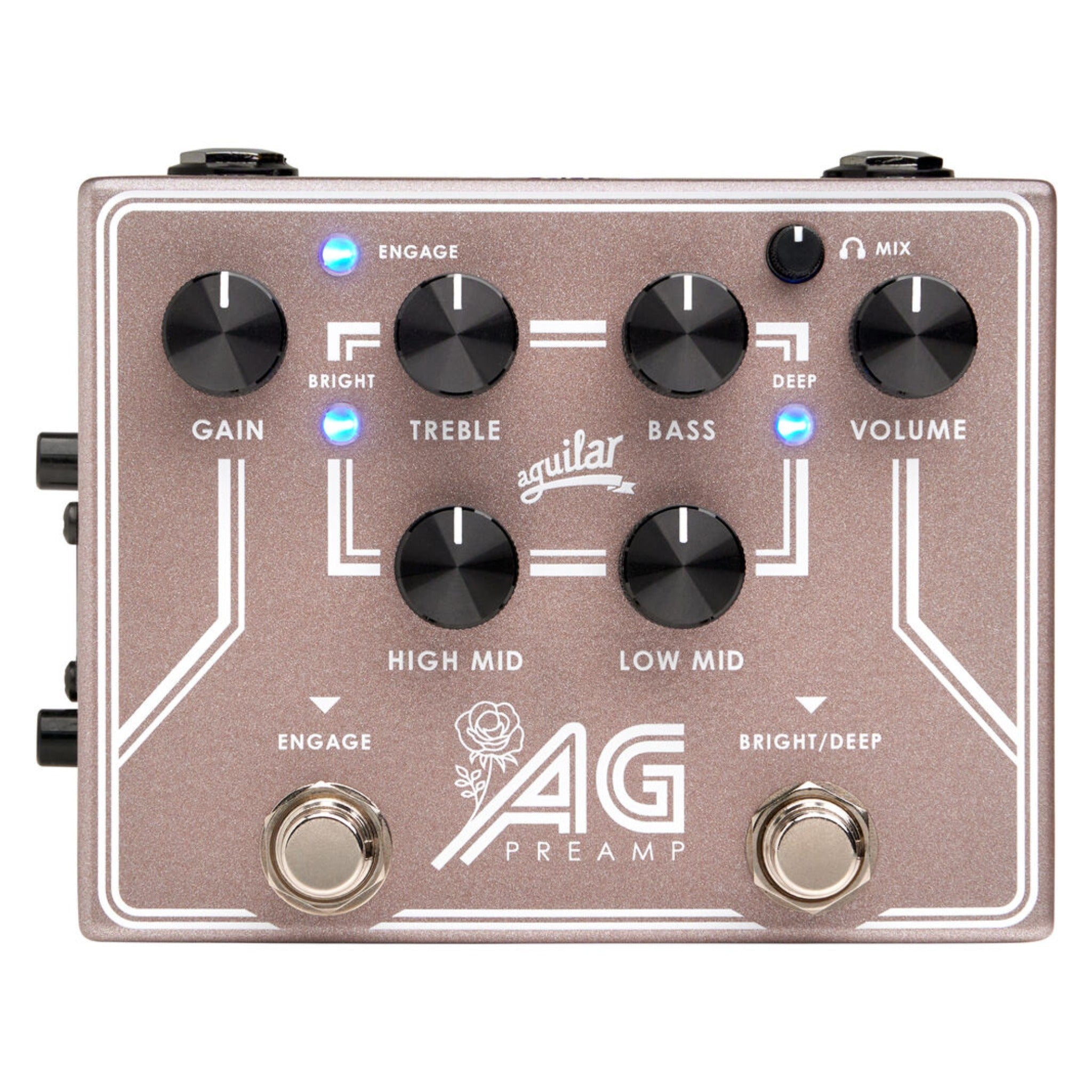 Metallic pink and white guitar preamp pedal with black knobs and two foot switches with blue LEDs.