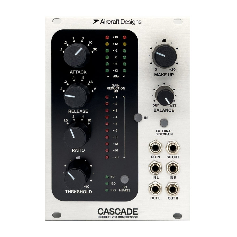 Front panel of the Aircraft Designs Cascade discrete VCA compressor with knobs, buttons, LED meter, and multiple input/output jacks.