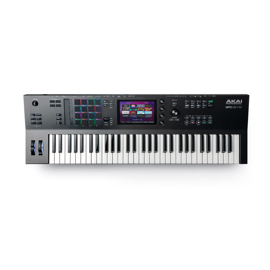 Black keyboard controller with 61 keys, pads, knobs, sliders, and a screen showing a colorful interface.