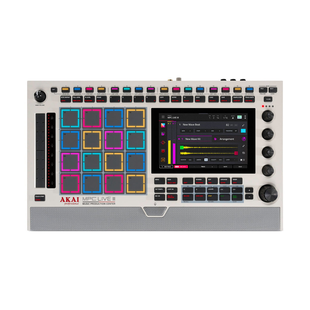Top view of a white Akai MPC Live III music production center with colored pads, buttons, knobs, and a screen.