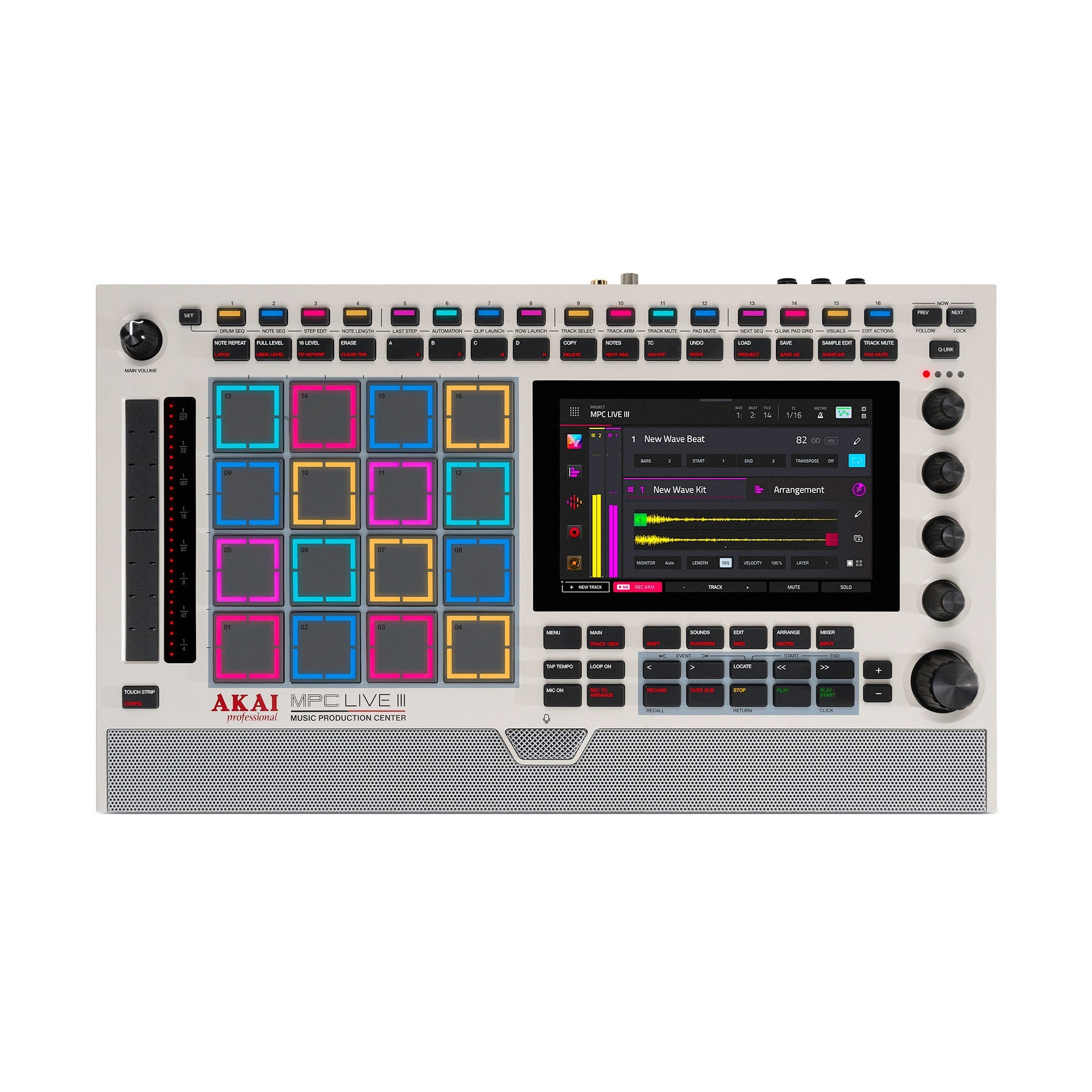 Top view of a white Akai MPC Live III music production center with colored pads, buttons, knobs, and a screen.
