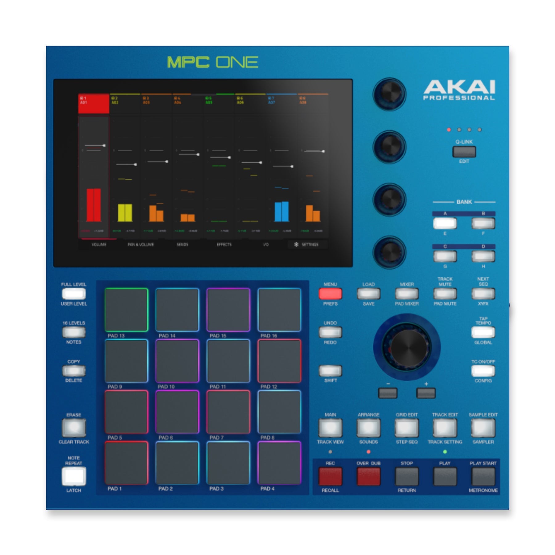 Top view of a blue electronic music sampler with a display, 16 pads, multiple buttons, knobs, and a large central dial.