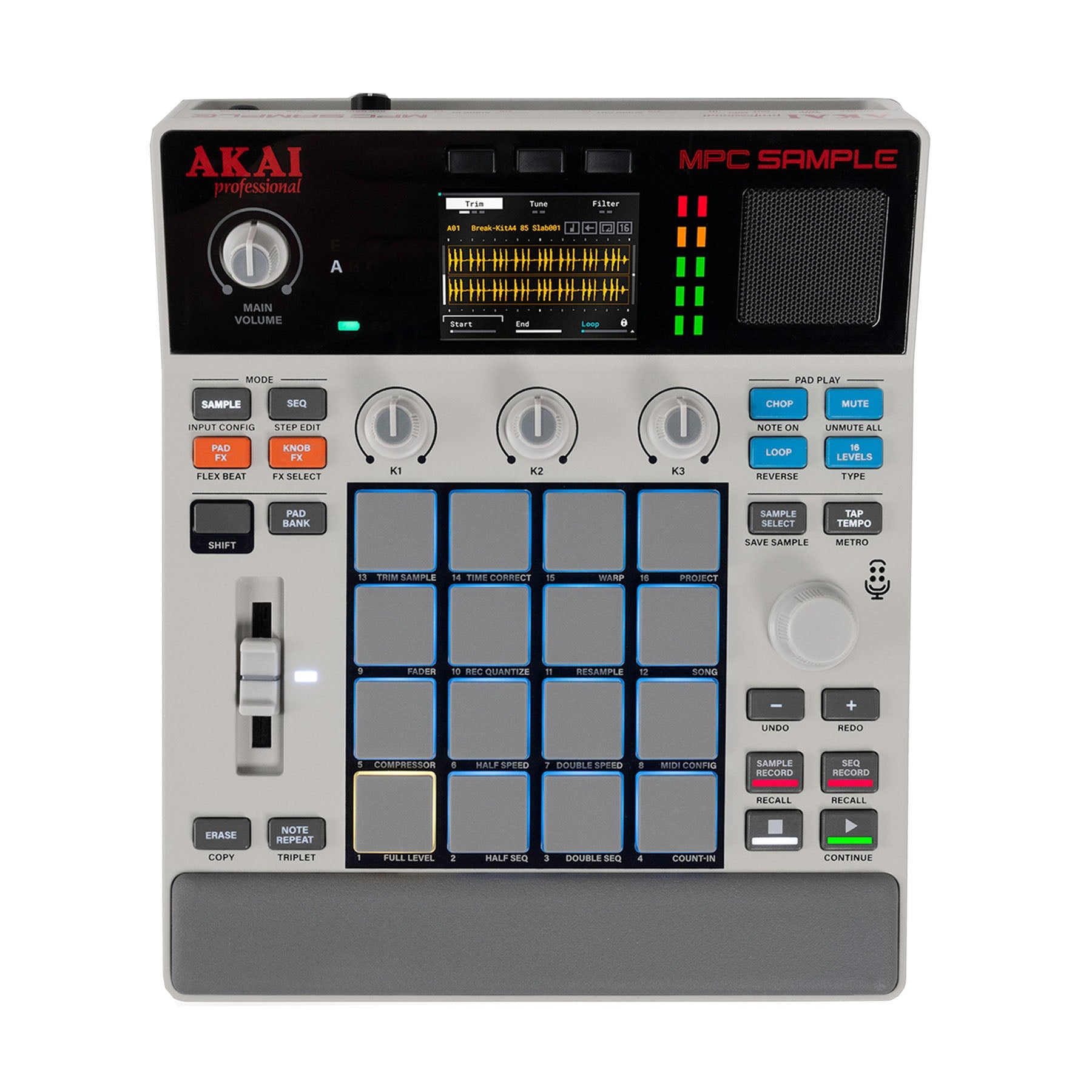 Top view of an Akai MPC Sample music production controller with pads, knobs, slider, and display screen.