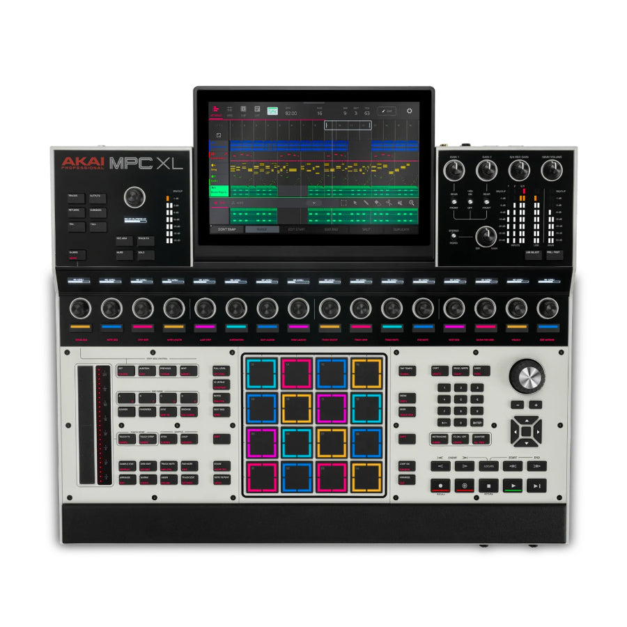 Top-down view of a music production controller with multiple pads, knobs, buttons, and a large color display showing a digital audio workstation interface.