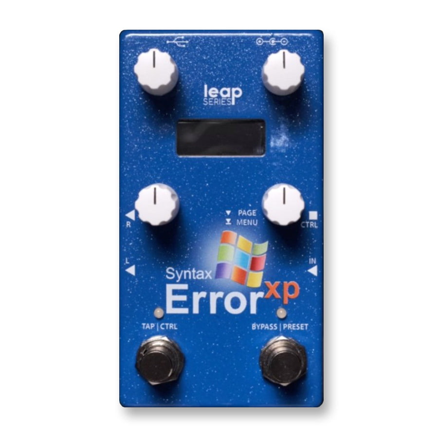 Blue guitar effects pedal with four knobs, two footswitches, and a small display screen.
