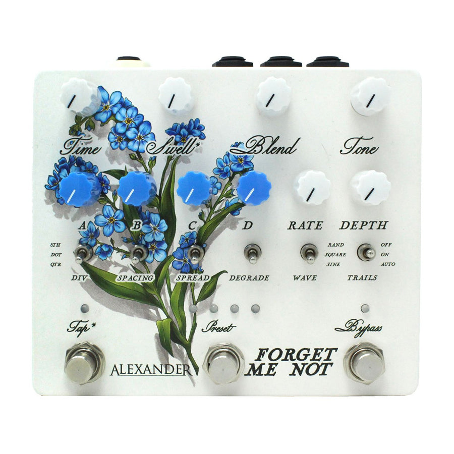 White guitar effects pedal with blue and green floral design and multiple knobs, switches, and footswitches.