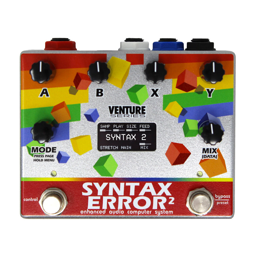 Pedal labeled Syntax Error 2 with five knobs, four push buttons, two footswitches, and colorful cube graphics