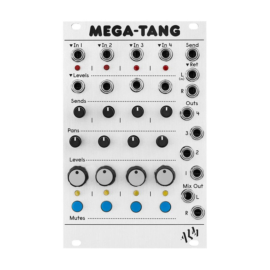 Front view of a silver module with multiple input/output jacks, knobs, and buttons labeled Mega-Tang.