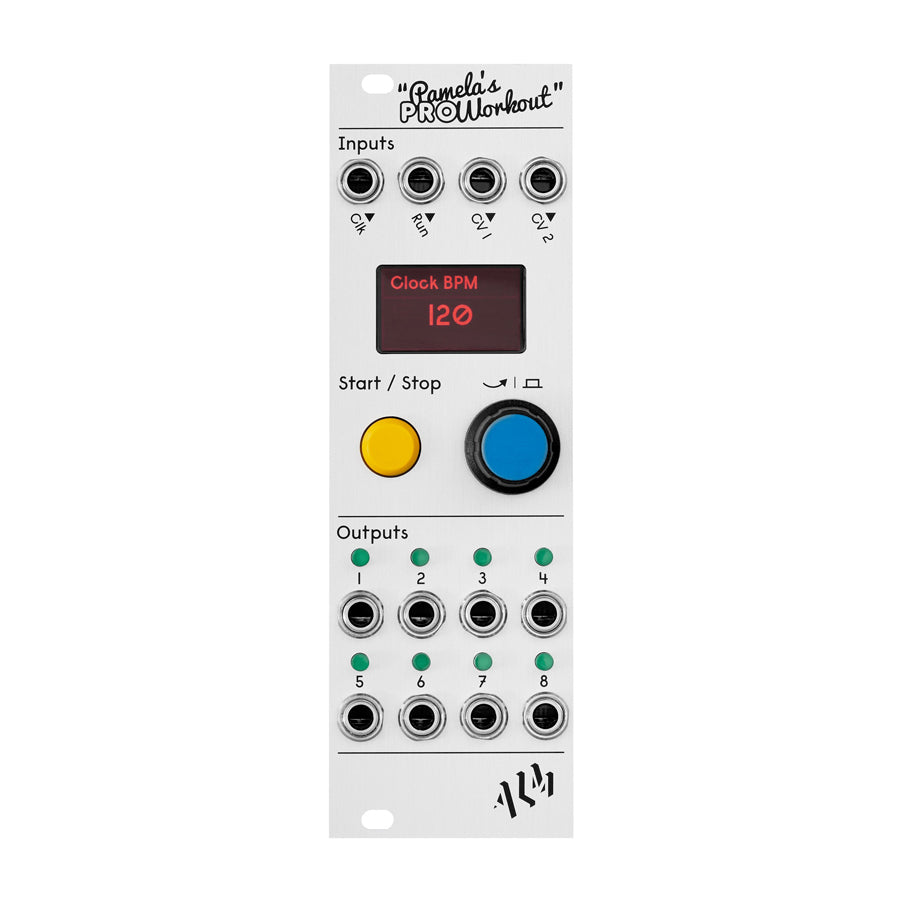 White eurorack module with display showing 'Clock BPM 120', multiple 3.5mm inputs and outputs, a yellow button, and a blue rotary knob.