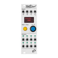 White eurorack module with display showing 'Clock BPM 120', multiple 3.5mm inputs and outputs, a yellow button, and a blue rotary knob.