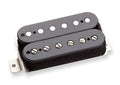 Black humbucker guitar pickup with six adjustment screws on each coil mounted on a metal base plate.