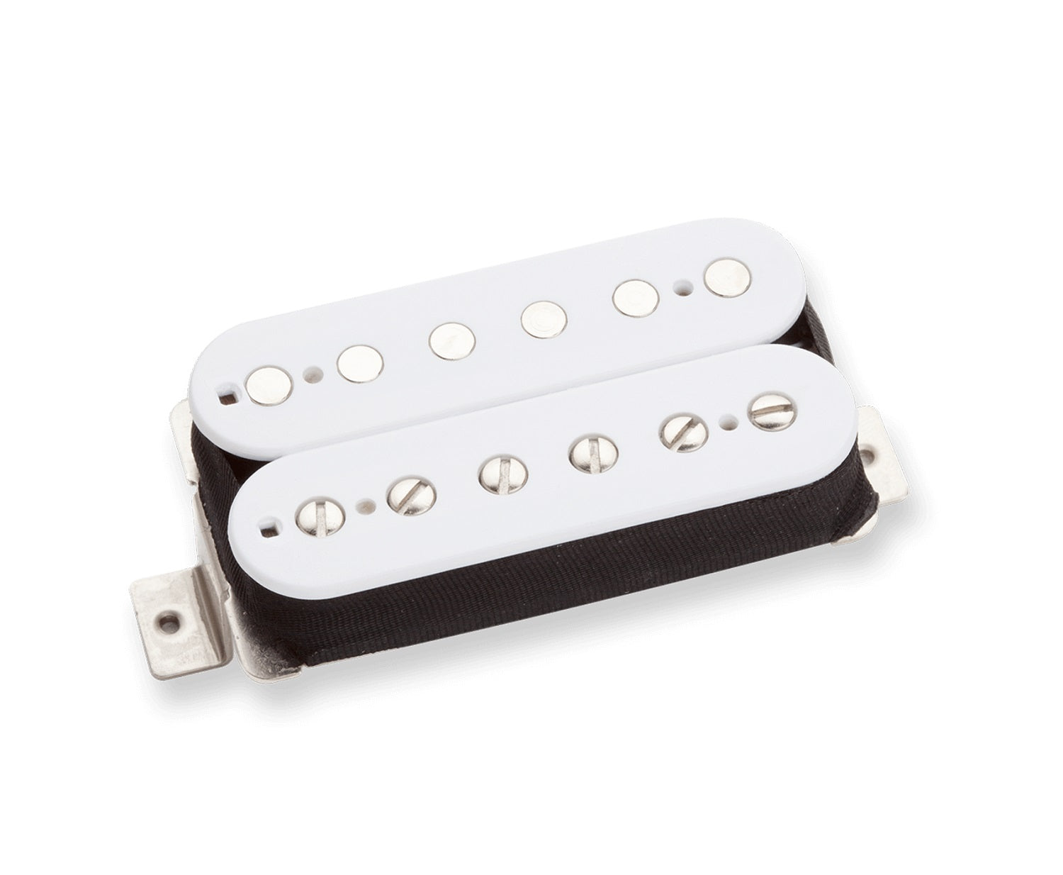 White humbucker guitar pickup with two rows of pole pieces and mounting tabs on a white background.