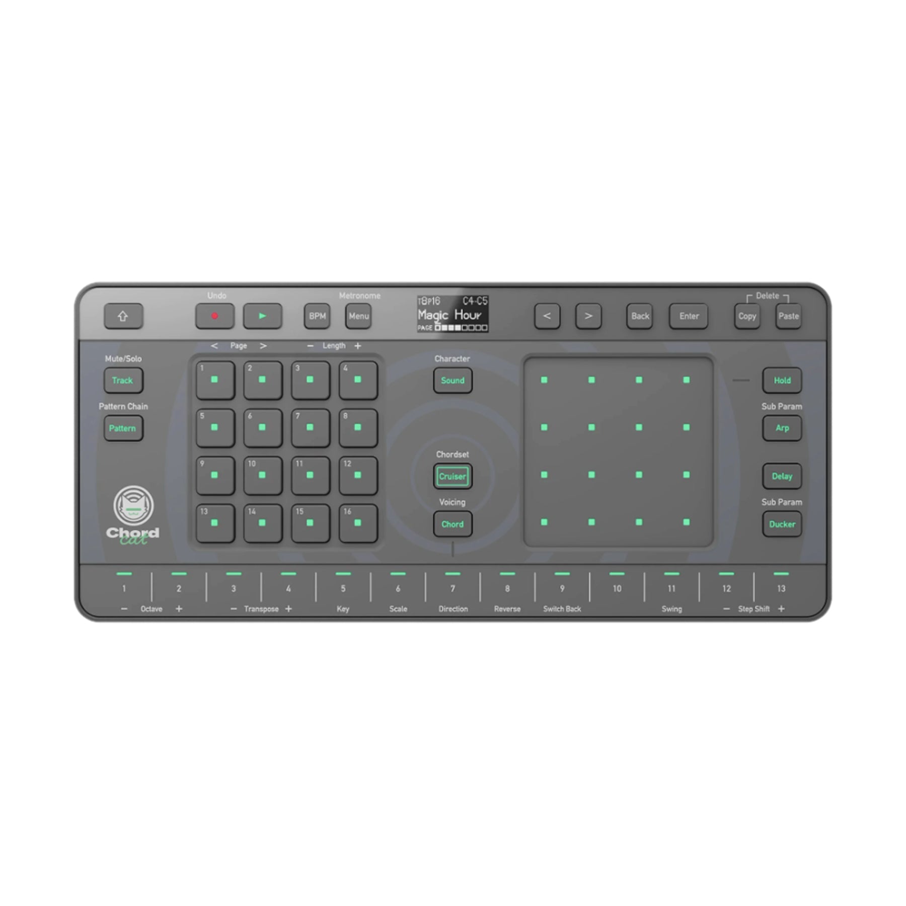 Top view of a compact music synthesizer controller with buttons, pads, and a small display screen.