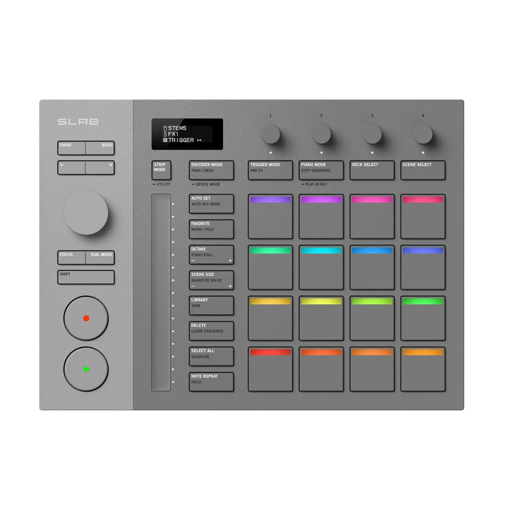 Gray MIDI controller with multicolored illuminated pads, knobs, buttons, and a small display screen.