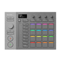 Gray MIDI controller with multicolored illuminated pads, knobs, buttons, and a small display screen.