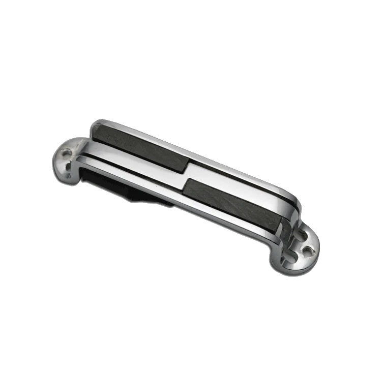 Silver and black guitar pickup with two mounting holes on each end shown on white background.