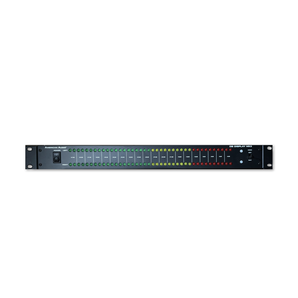 Front view of a black American Audio DB Display MKII audio level meter with colored LED indicators and switches.