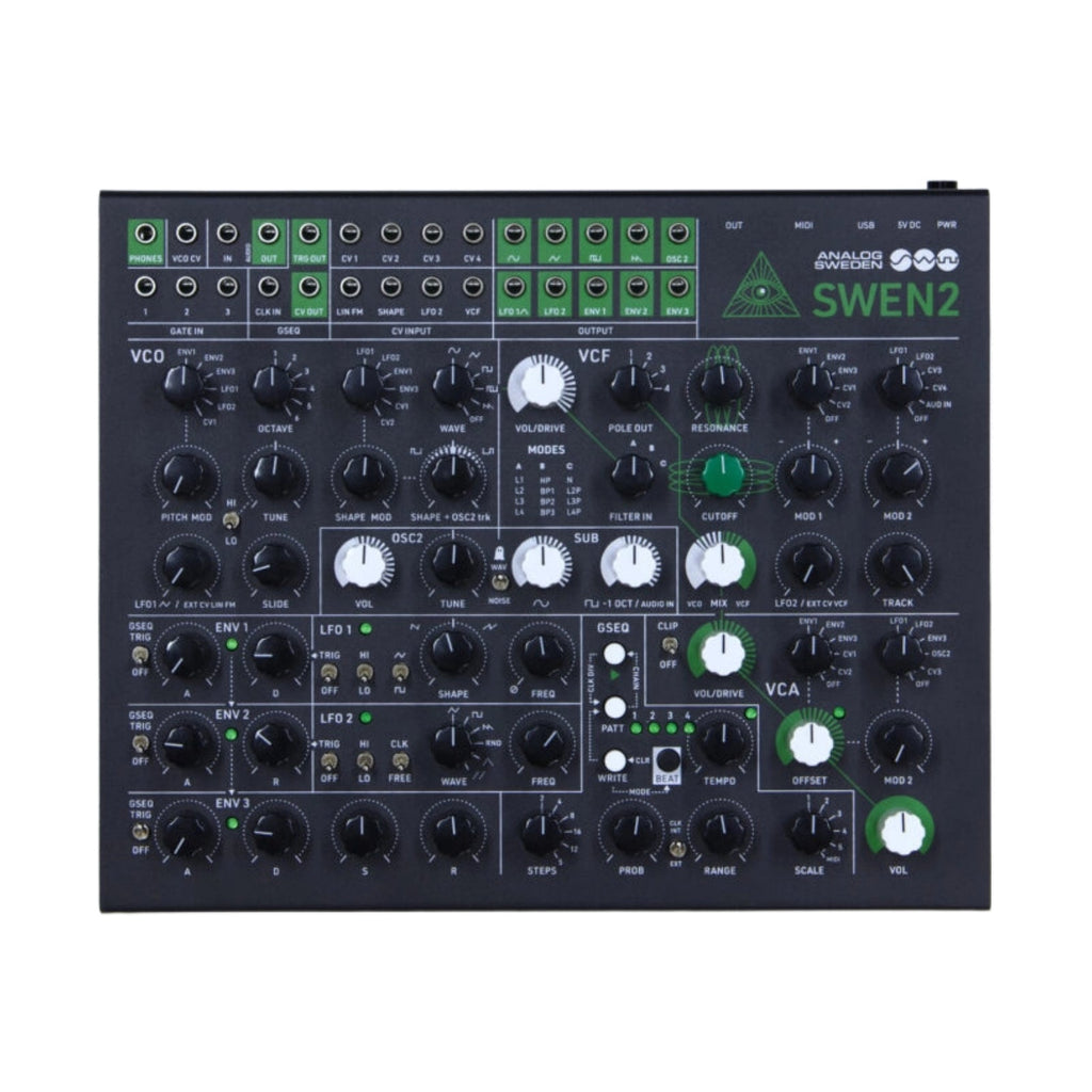 Top view of an analog synthesizer with multiple knobs, jacks, and labeled controls on a black panel.
