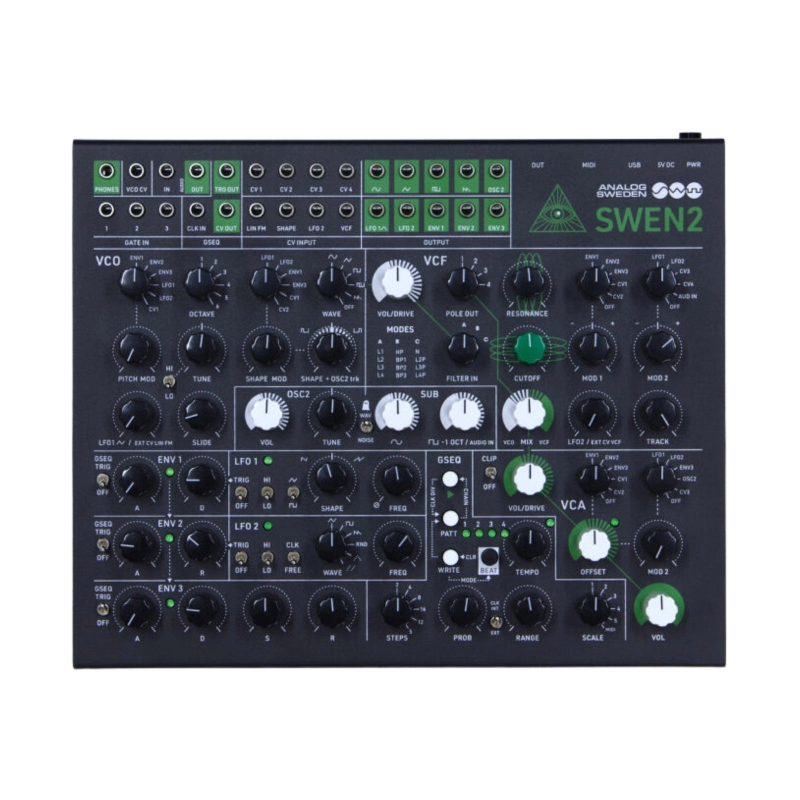 Top view of an analog synthesizer with multiple knobs, jacks, and labeled controls on a black panel.