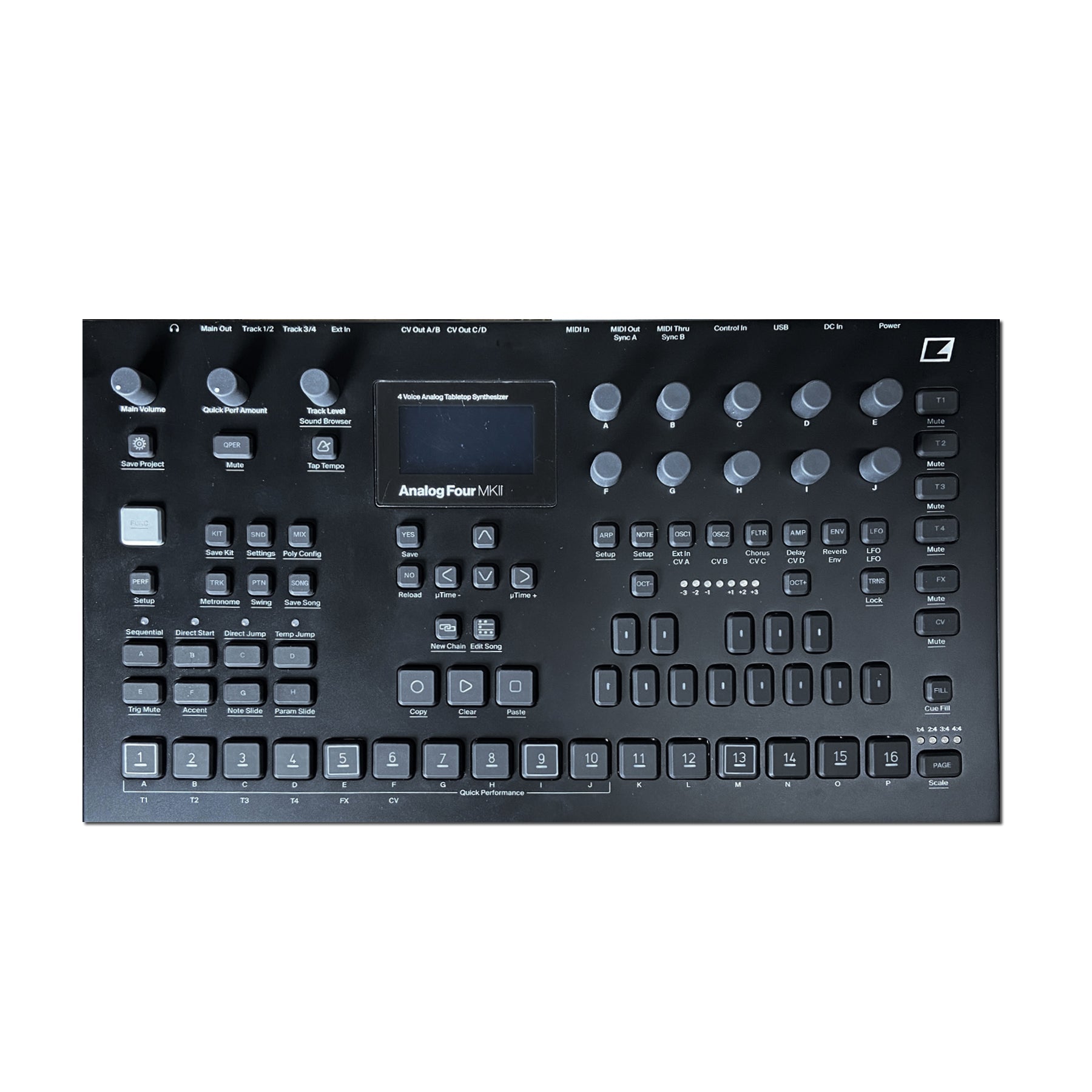 Top view of a black Elektron Analog Four MKII with knobs, buttons, and a small screen on the control panel.