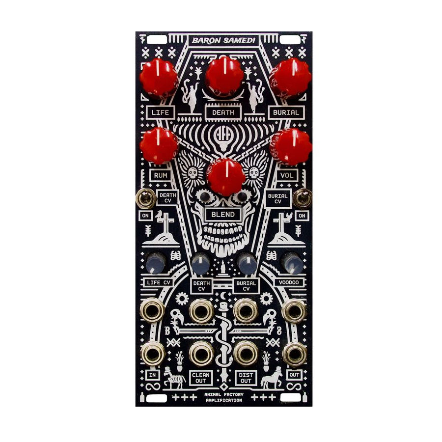 Black eurorack module with red knobs, toggle switches, and multiple jack sockets labeled with various function names.