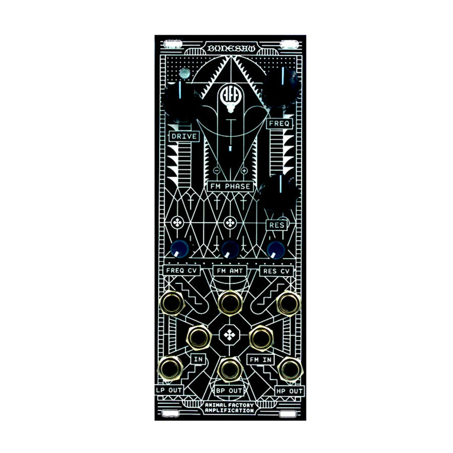 Black eurorack module with white graphics, multiple knobs, and several patch jacks labeled with frequency and output types.