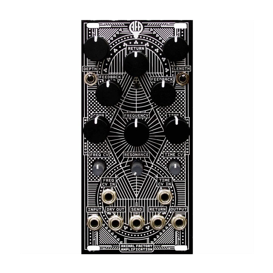 Black eurorack module with multiple knobs, switches, and 3.5mm jack connectors labeled by function.
