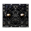 Front panel of a black modular synthesizer module with knobs, switches, jacks, and geometric line artwork