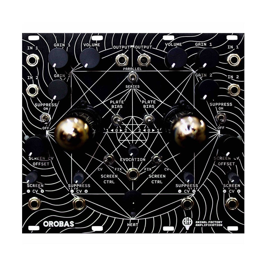 Front panel of a black modular synthesizer module with knobs, switches, jacks, and geometric line artwork