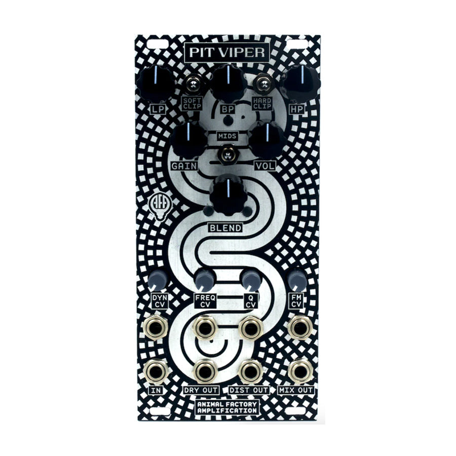 Black and silver Eurorack module with knobs, toggle switches, and multiple 3.5mm jacks labeled with filter and output functions.