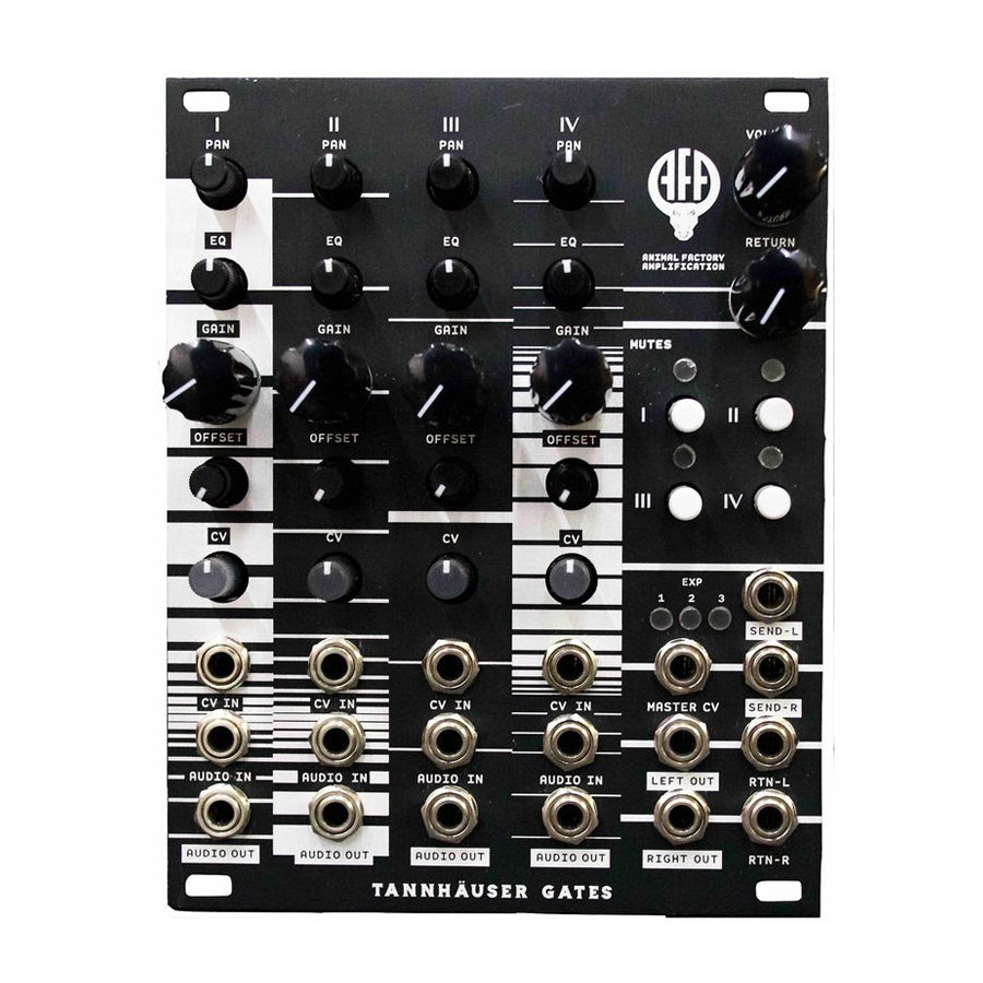 Black modular synthesizer eurorack module with multiple knobs, buttons, and 1/4 inch jacks labeled for audio and control voltage connections.