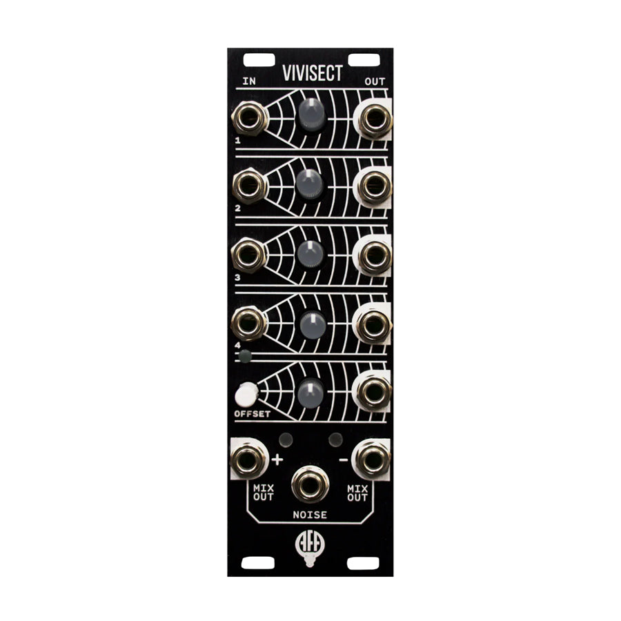 Black Eurorack module Vivisect with five rows of input/output jacks, knobs, and a white button labeled Offset.