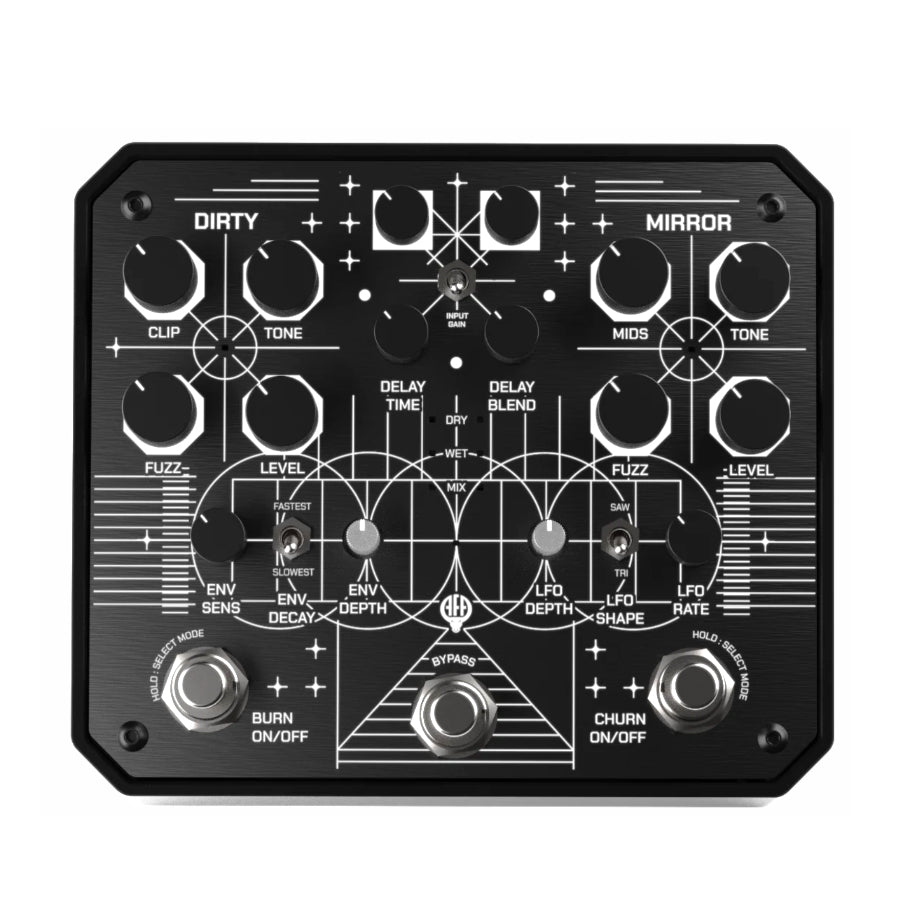 Top view of a black Animal Factory Dirty Mirror audio effect pedal with multiple knobs and switches.