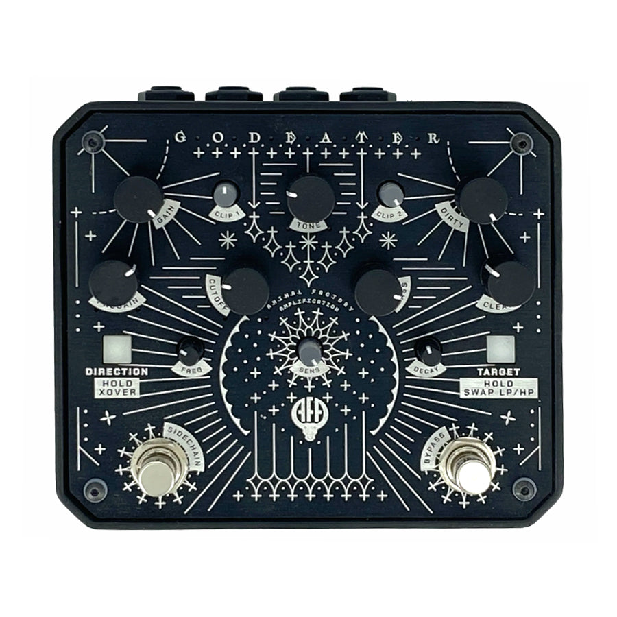 Black guitar effects pedal with multiple knobs and two footswitches labeled GODEATER and AEF logo