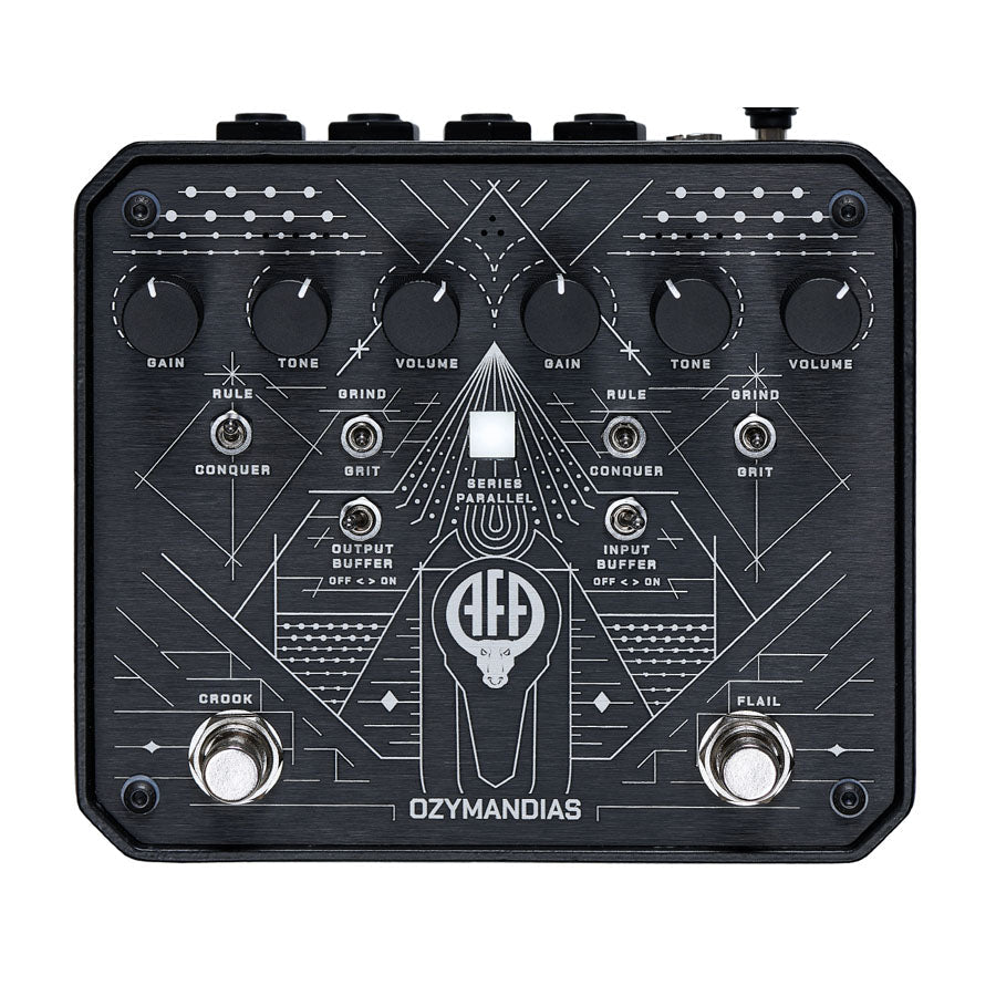 Black Animal Factory Ozymandias pedal with various knobs, toggle switches, and footswitches on top surface.