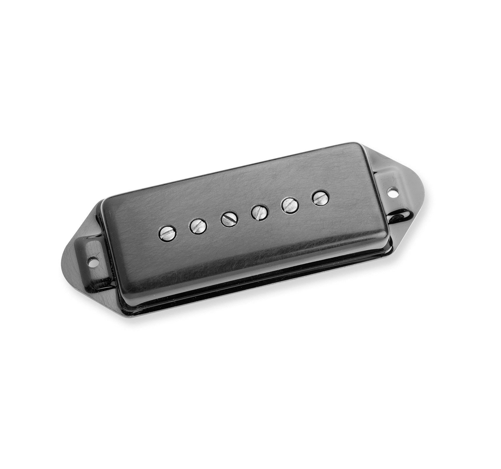 Black guitar pickup with six adjustable pole pieces and mounting ears on each end.