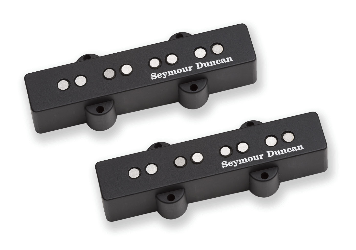 Two black Seymour Duncan pickups for a 4-string bass guitar with metal pole pieces.