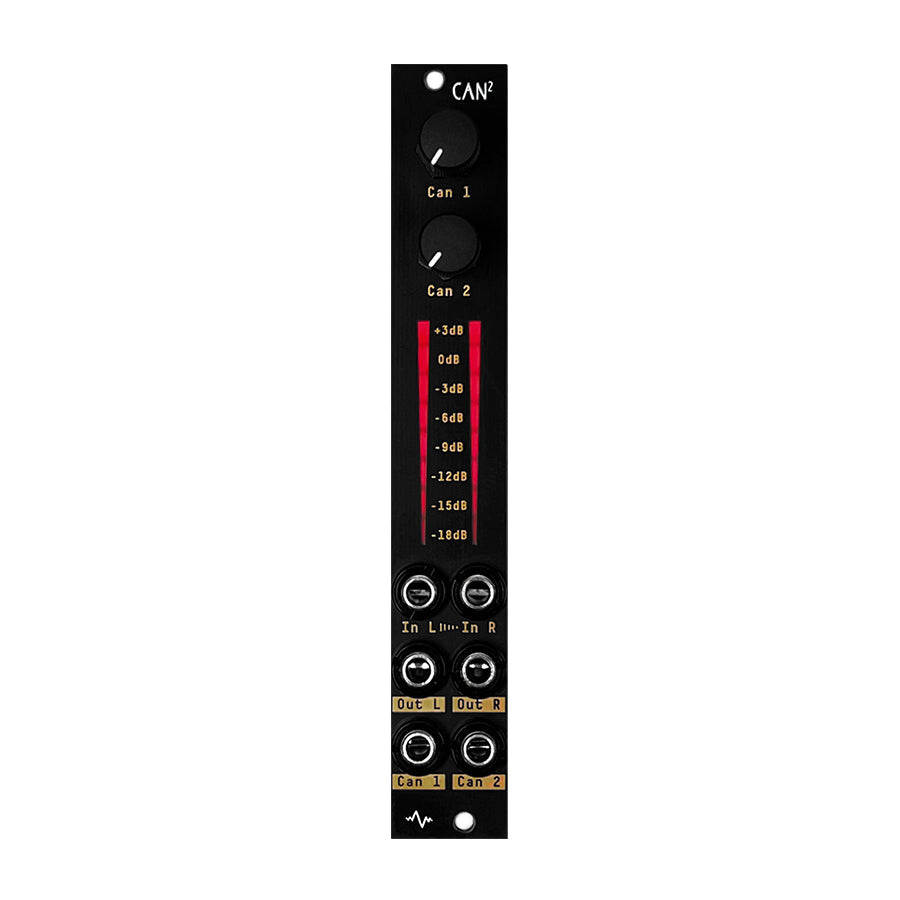Black eurorack module with two knobs, eight 3.5mm jacks, and a vertical red LED level meter.