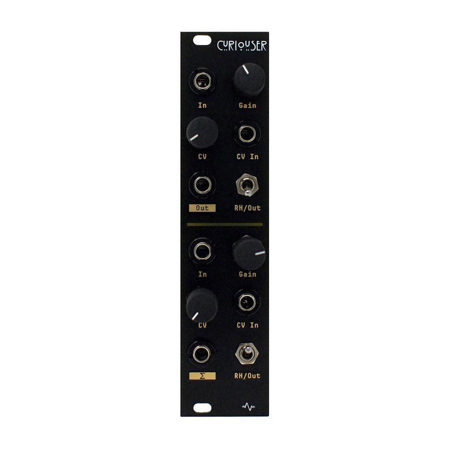 Black Eurorack module with knobs, toggle switches, and multiple 3.5mm input/output jacks labeled Curioser