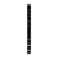 Black slim eurorack module with input, output jacks, a knob, a slider with red LED, and toggle switches.