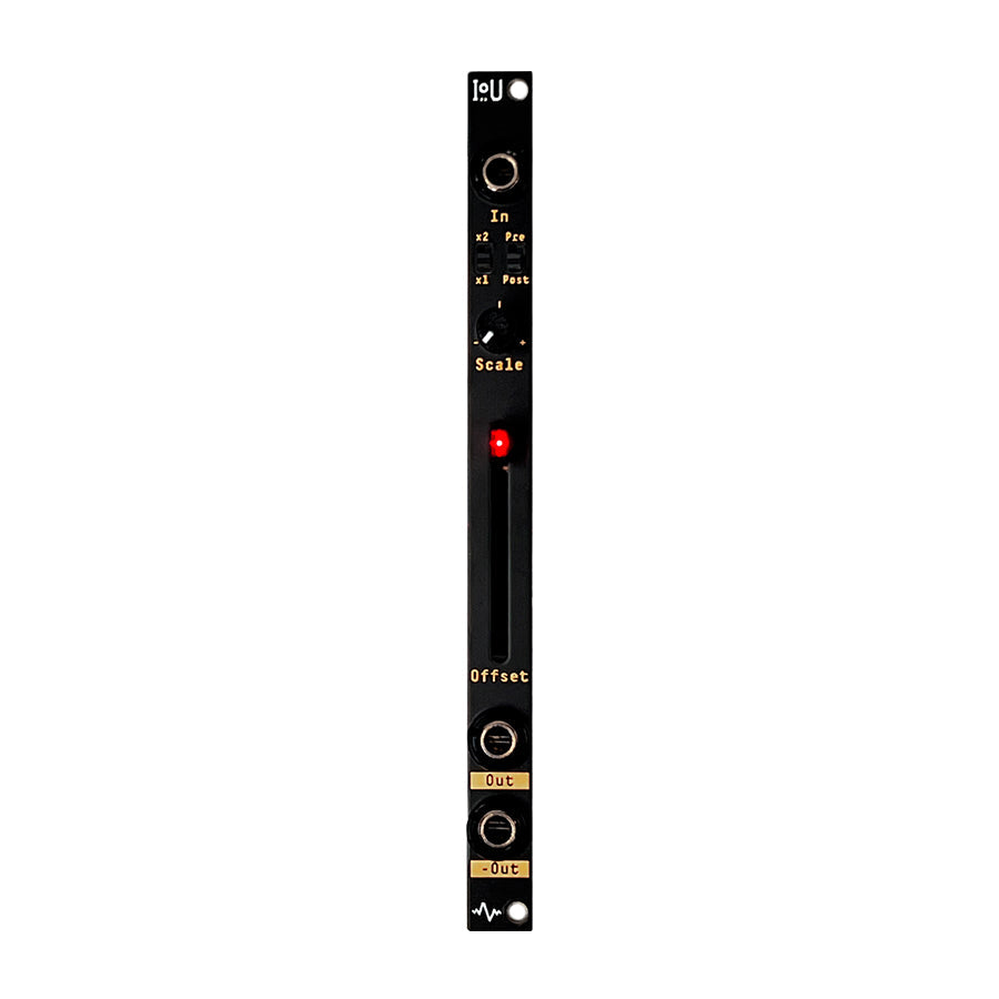 Black slim eurorack module with input, output jacks, a knob, a slider with red LED, and toggle switches.
