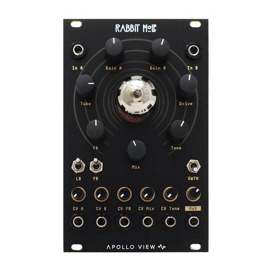 Black modular synthesizer panel with multiple knobs, toggle switches, and 3.5mm jacks labeled with gain, tone, drive, mix, and CV inputs/outputs.